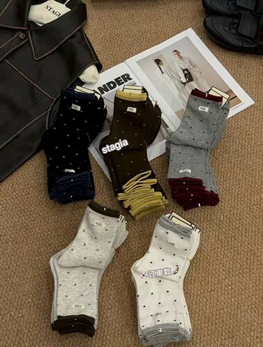 26秋韩版st复古波点字母贴标撞色卷边中筒袜女百搭堆堆袜子