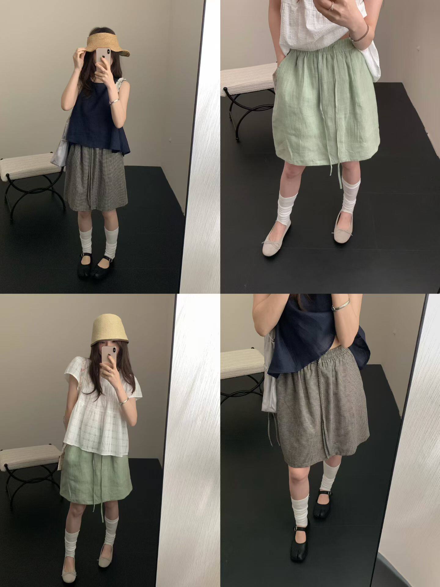 26夏韩版SINGLE WELL松紧腰棉麻料抽绳绿色格子纹抽绳中裙半身裙