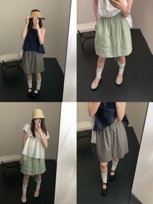26夏韩版SINGLE WELL松紧腰棉麻料抽绳绿色格子纹抽绳中裙半身裙