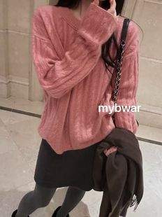 秋冬tea 复古麻花编织粉色套头羊毛羊绒宽松毛衣女圆领上衣 h韩版