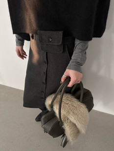 25秋冬韩版 insist复古通勤配腰包腰带灰色直筒半身裙呢料中短裙子