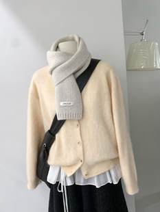 25秋冬韩版 女毛衣 awear百搭圆领杏粉色绵羊毛针织短开衫