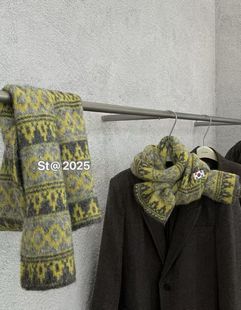 25秋冬韩版 复古费尔岛点点纱撞色几何提花羊毛小围巾保暖围脖披肩