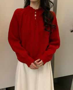 25秋冬韩版 女毛衣 beauty甜美百搭新年圣诞红色镂空钩花羊毛针织衫