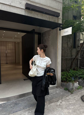 韩版insist复古洋气双口袋白色TEE莫代尔棉圆领短袖T恤女修身上衣