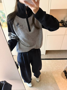 半拉链立领套头kitty猫羊毛毛衣女针织衫 冬韩版 ins复古撞色插肩袖