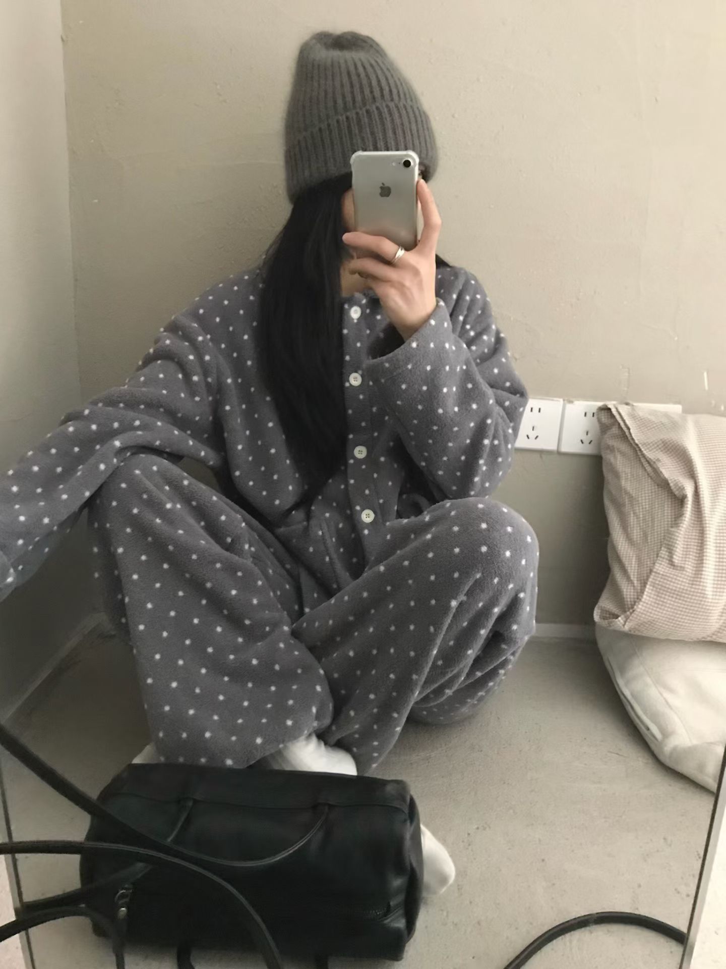 韩one mirror秋冬毛茸茸波点条纹保暖翻领宽松家居服睡衣长裤套装