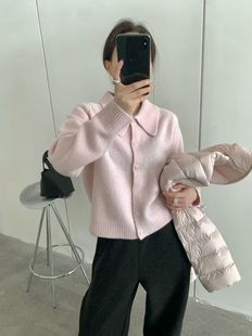 女小翻领毛衣 针织开衫 25冬韩版 复古温柔羊毛粉红色短款