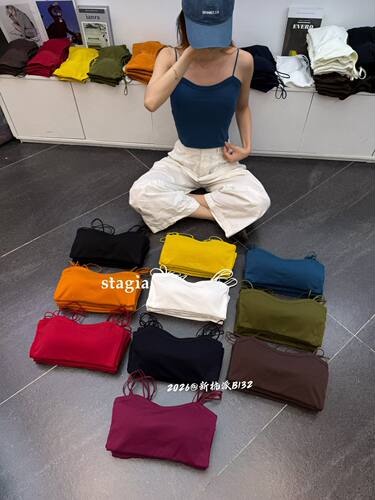 26早秋韩版St纯色吊带自带胸垫一体式打底细肩带平口美背内搭背心
