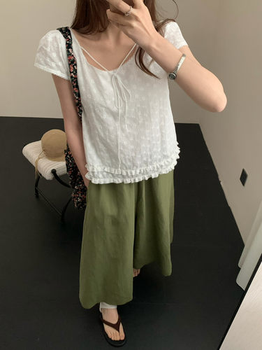春夏韩版one mirror法式复古蕾丝花边刺绣系带短款上衣女小衫衬衫