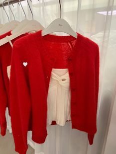 25秋冬韩版 女毛衣 甜美百搭新年圣诞红色纯色圆领羊毛针织短开衫