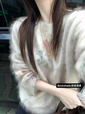 秋韩Bookshade宽松晕染花朵小碎花浅粉色羊毛拉毛针织衫圆领毛衣