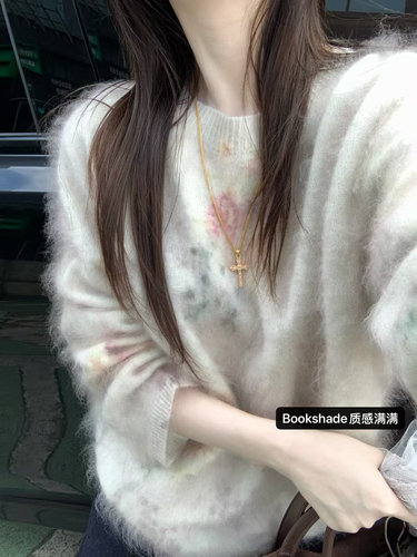 秋韩Bookshade宽松晕染花朵小碎花浅粉色羊毛拉毛针织衫圆领毛衣