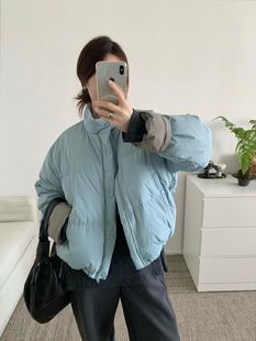 25秋冬韩版 子拼色蓝色外套小个子羽绒服 beauty复古立领宽松显瘦袖