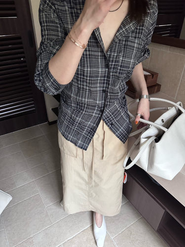 26春夏韩版insist复古绑带收腰翻领格子防晒衬衫女宽松休闲上衣