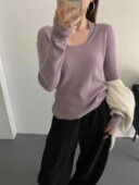 25秋冬韩版 显瘦打底毛衣 女修身 less挂脖假两件紫色羊毛针织衫