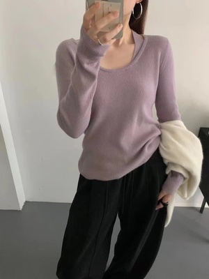 25秋冬韩版挂脖假两件紫色羊毛针织衫女修身显瘦打底毛衣