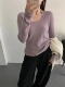 25秋冬韩版 显瘦打底毛衣 女修身 less挂脖假两件紫色羊毛针织衫