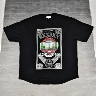 特大胸围148CM老美搞钱主题全视之眼印花短袖烫钻落肩T恤Oversize