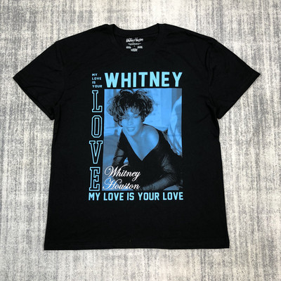 外贸尾货胸围110CM圆领短袖T恤whitney houston图案黑色夏季休闲