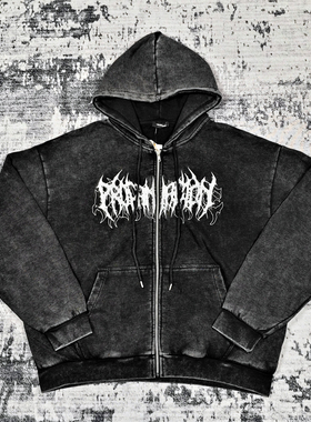 瑕疵胸围146CM老美健身短宽宽松落肩款拉链连帽水洗做旧刺绣卫衣