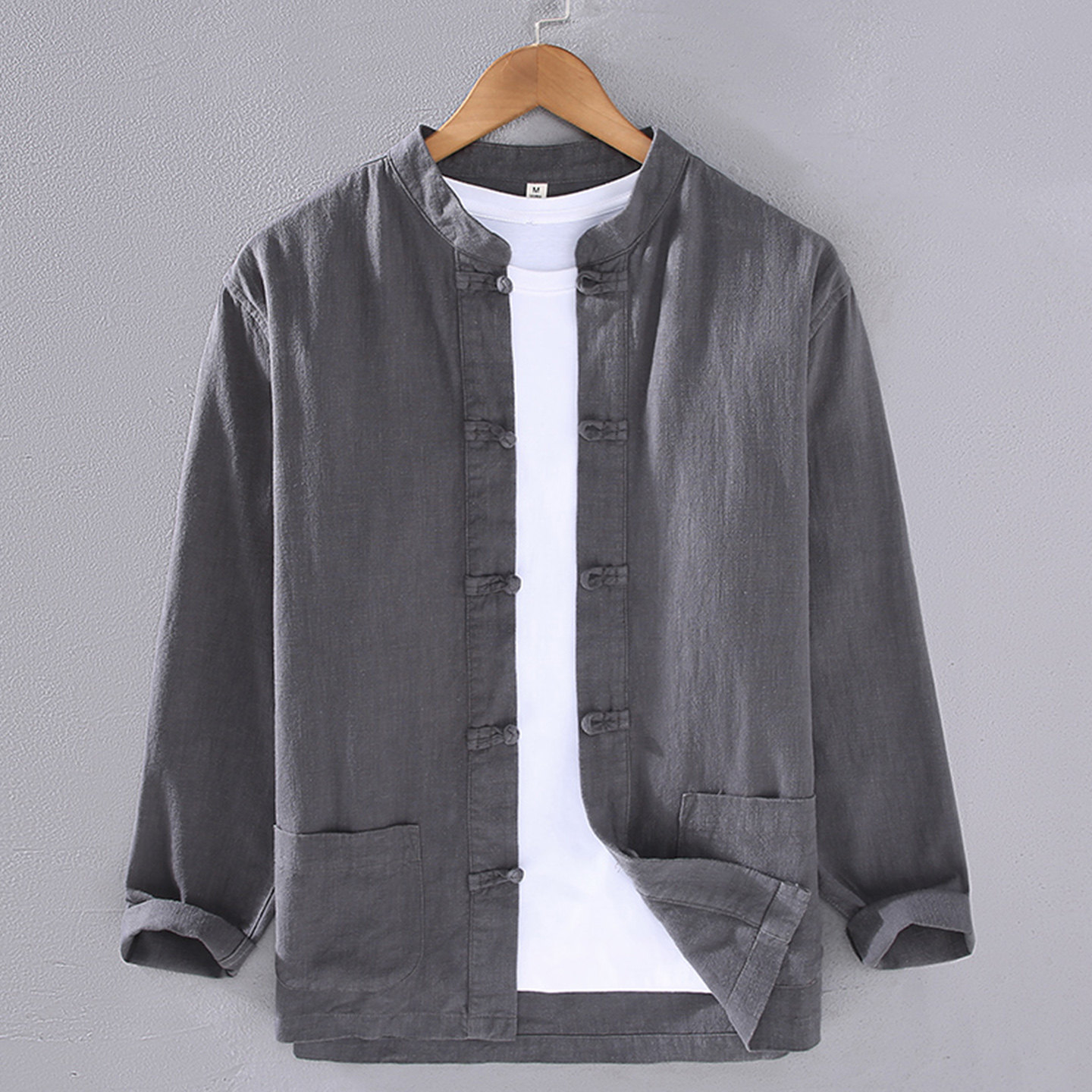 灰色立领衬衫男长袖春夏季薄款唐装盘扣新中式中国风直无圆领衬衣