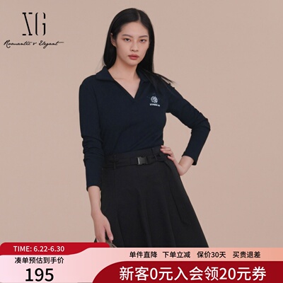 XG雪歌黑色长袖T恤女2025春新款通勤简约套头V领上衣XK101010A390
