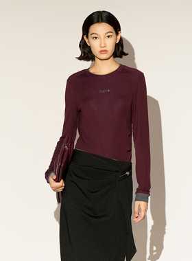 XG雪歌撞色正肩上衣女2026春款抽褶修身显瘦打底T恤XL101007A115