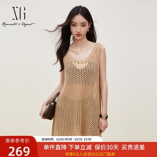 上衣XJ311046A673 中长款 xg雪歌圆领镂空针织衫 背心女2024秋新款