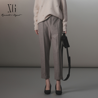 xg雪歌气质格纹通勤休闲裤女2024冬新款显瘦翻边裤子XJ402037B105