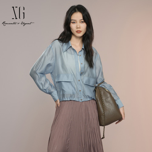 XG雪歌2025秋款韩系翻领宽松莱赛尔轻薄款长袖外套女XK307020A120