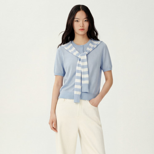 XG雪歌法式假两件针织衫女夏26条纹披肩冰丝短袖T恤XM211535A820