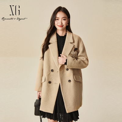 xg雪歌一手长呢大衣女2024冬新款加厚羊毛外套上衣XJ410049A373