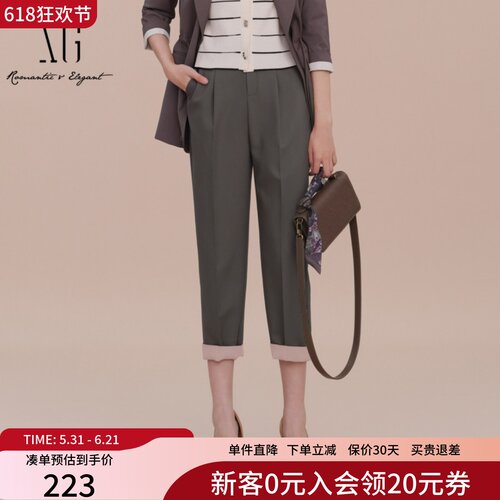 XG雪歌深灰色通勤简约休闲裤2025春新款直筒西装裤女XK102039A283