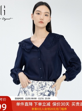 xg雪歌韩版娃娃领气质衬衣女2024春新款V领长袖衬衣XJ121015A528