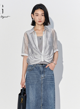 XG雪歌气质微透莱赛尔短袖衬衣女25夏款翻领扭结衬衫XL221827A884