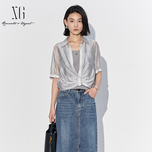 XG雪歌气质微透莱赛尔短袖衬衣女25夏款翻领扭结衬衫XL221827A884