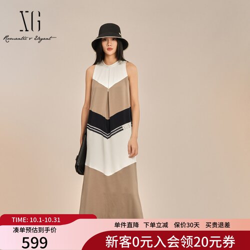 XG雪歌都市摩登拼接撞色无袖连衣裙女2025夏新款长裙XK204043B699
