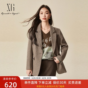 xg雪歌100%绵羊毛复古格纹西装 上衣XJ407032B695 外套女2024冬新款
