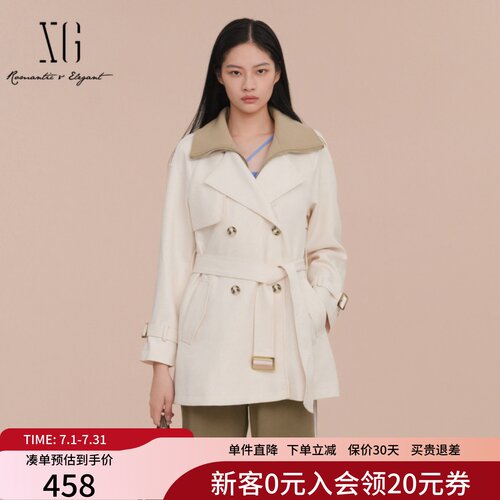 XG雪歌浅色双排扣休闲风衣女2025春新款通勤中长外套XK108010A351