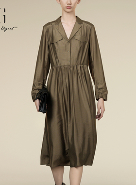 XG雪歌2025秋新款莫代尔棉翻领收腰连衣裙优雅中长裙XK304021A209