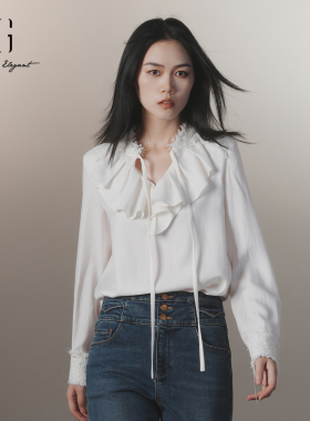 xg雪歌2024冬法式荷叶边拼接优雅V领小香风衬衫女XJ421021A291