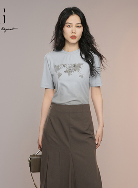 XG雪歌简约圆领印花T恤女秋2025新款正肩短袖上衣XK301001A120