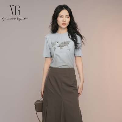 XG雪歌简约圆领印花T恤女秋2025新款正肩短袖上衣XK301001A120