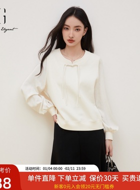 xg雪歌新中式盘扣白色卫衣女2024新款灯笼袖套头上衣XK301706A860