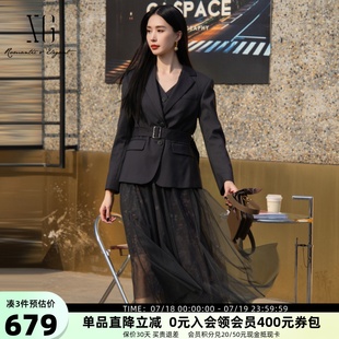 連衣裙女2025春新款 XG雪歌兩件套休閑西裝 網(wǎng)紗中長裙XK104013A383