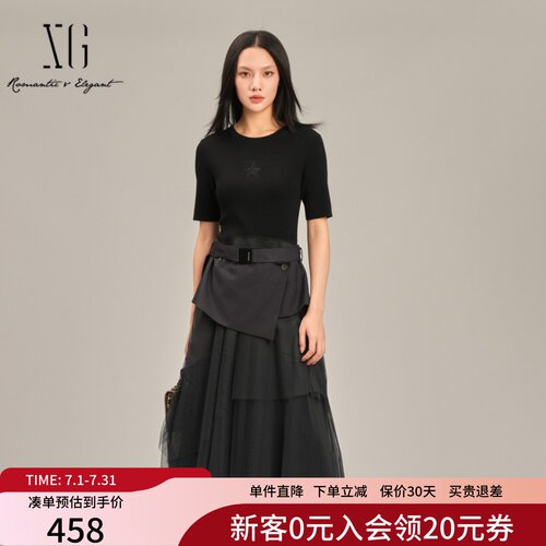 XG雪歌假两件黑色针织拼接网纱连衣裙女2025春装新款XK104012B683