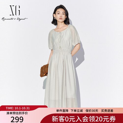XG雪歌2025夏款女法式泡泡袖方领收腰显瘦气质连衣裙XL204813A880