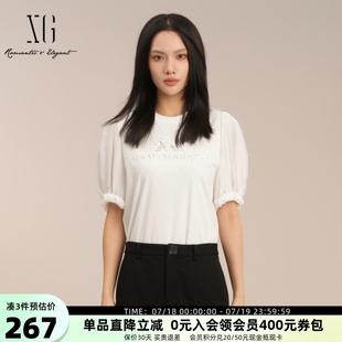 XG雪歌莫代尔棉字母印花T恤女短袖 上衣XK201022A151 25夏款 泡泡袖