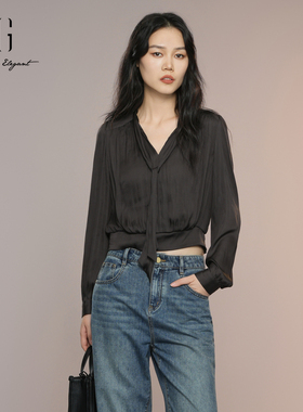 XG雪歌法式优雅黑色缎感衬衫女2025秋飘带领长袖衬衣XK321026A390
